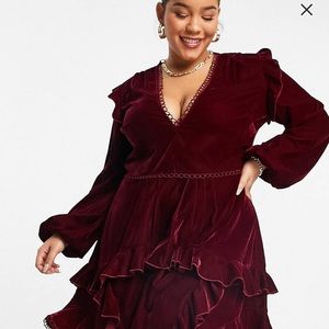 ASOS DESIGN Curve Velvet Mini Dress with Circle Trim in Berry